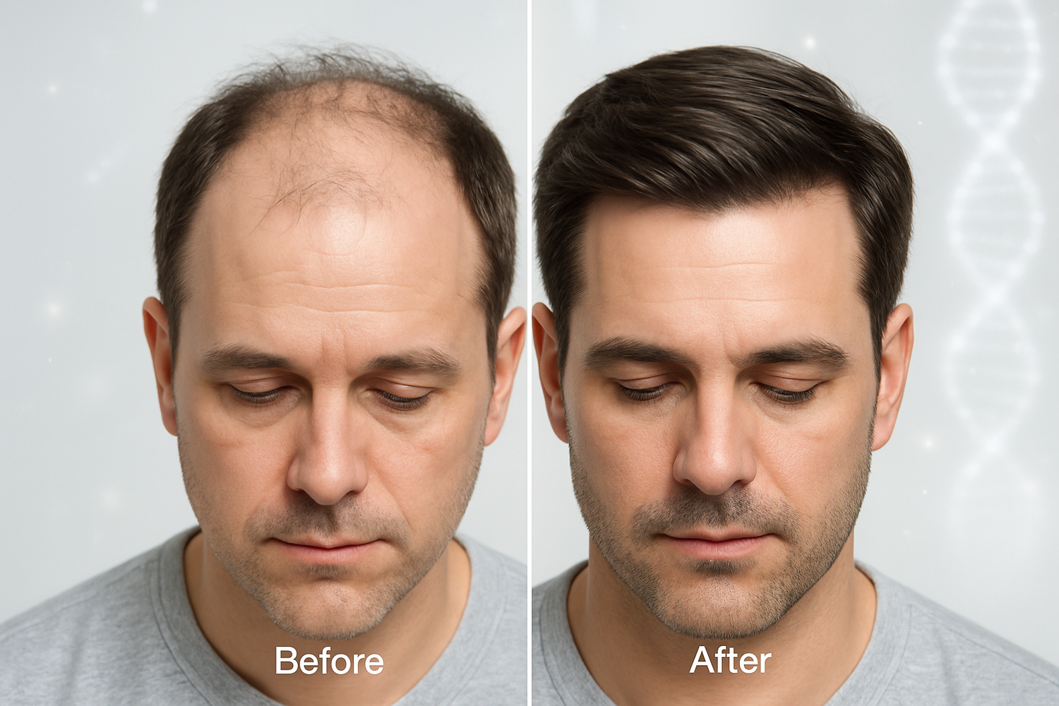Before and after results of exosome therapy for hair regrowth showing a man with thinning hair compared to fuller, healthier hair after treatment.