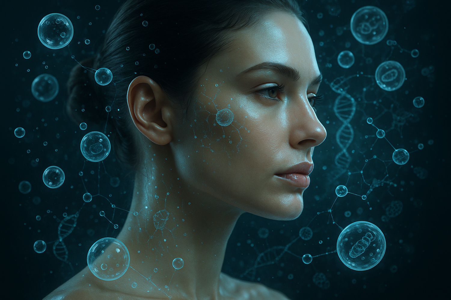 Illustration showing microscopic exosome vesicles interacting with skin layers, symbolizing skin regeneration.