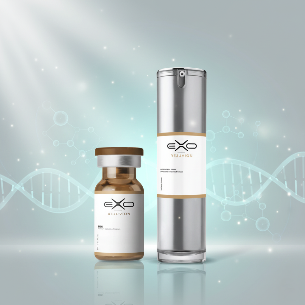 Lumexo Facial Serum bottle and Rejuvion Skin Exosome bottle. Both products are of Rejuvion Health.