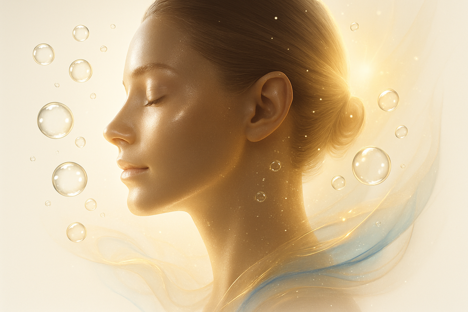 Glowing woman with oxygen bubbles, symbolizing rejuvenating oxygen skincare gel.