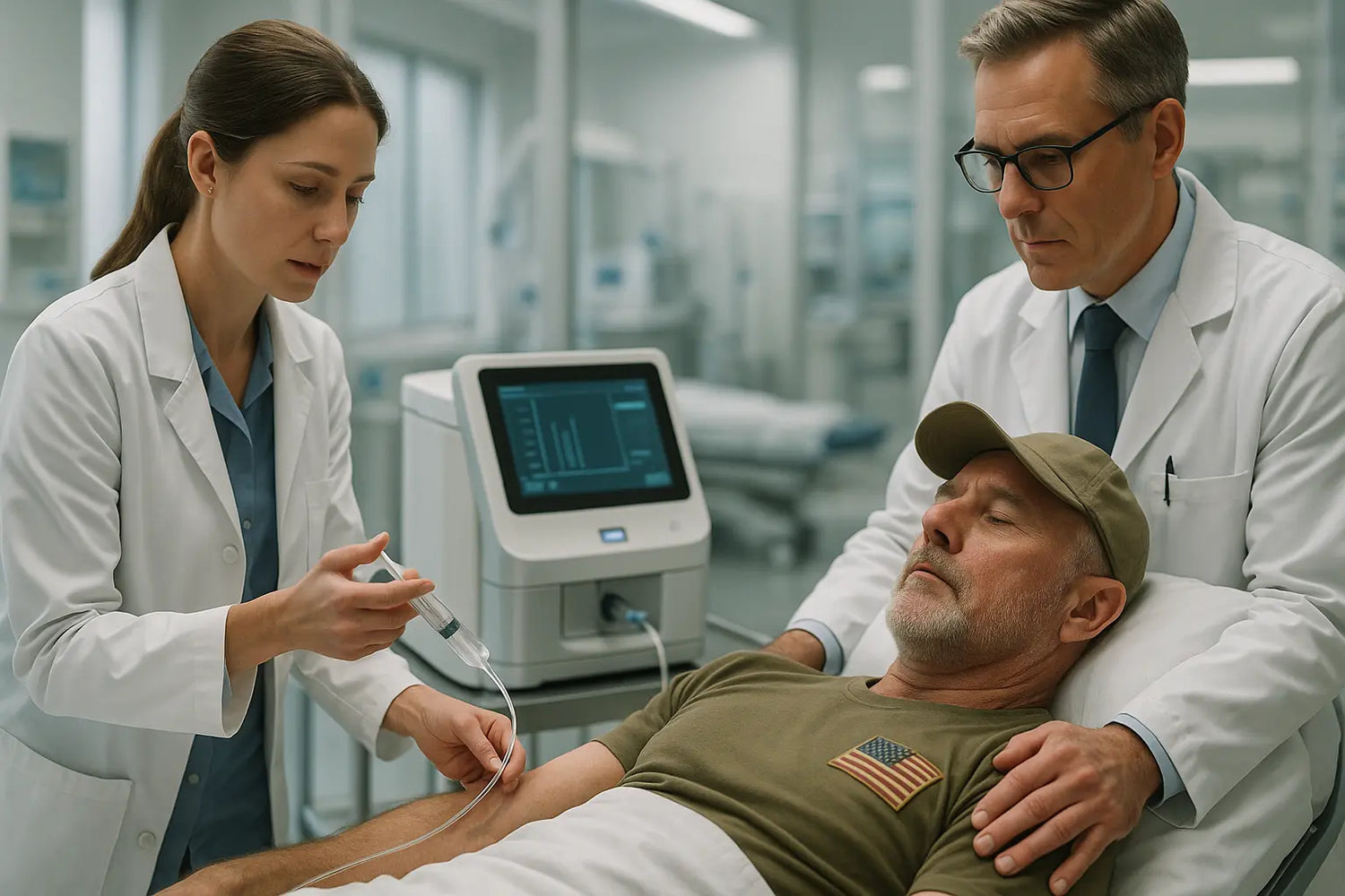 U.S. military veteran receiving exosome therapy in a regenerative medicine clinic with medical professionals
