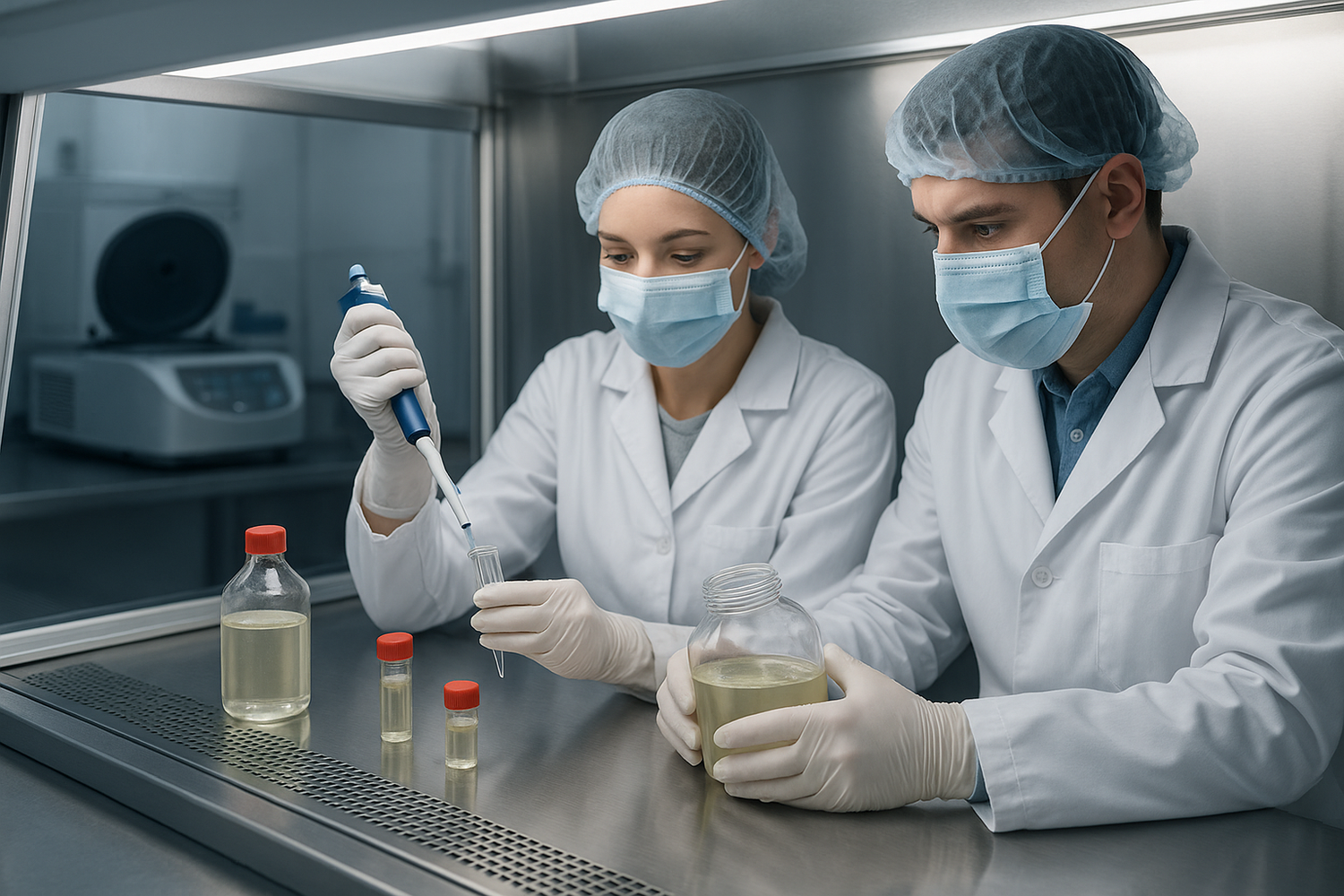 Scientists extracting first-generation MSC-derived exosomes from umbilical cord tissue in a sterile lab — representing Rejuvion Health’s pure exosome science and the best exosomes in USA for 2025.