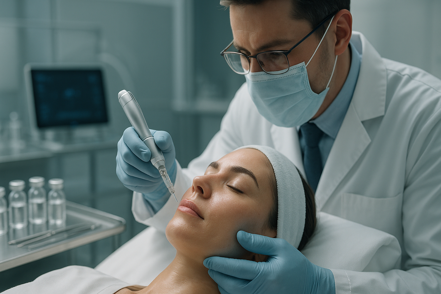 Surgeon applying Rejuvion Health Pure Exosome, a first-generation exosome facial treatment, to a female patient in a modern aesthetic clinic, highlighting advanced regenerative skincare and medical precision.